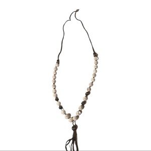 Necklace 25”L handmade by designer white bone &metal beads with  tassel